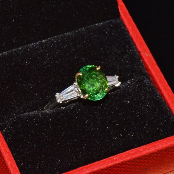 Certified Natural 3.85CTS VS F Diamond Green Tourmaline 18K Gold Platinum Ring - Picture 13 of 16